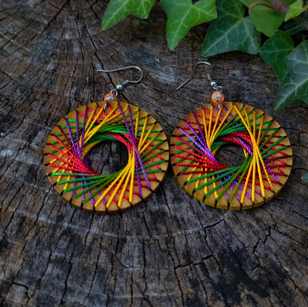 Handmade Multicolor Rainbow Circle Wood Earrings